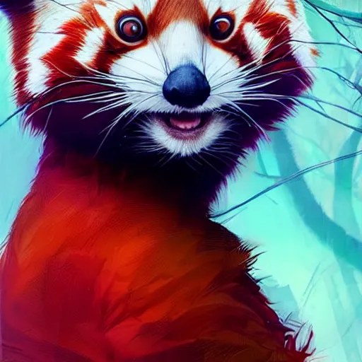 Image similar to red panda as it specialist, digital illustration portrait design, by android jones and greg rutkowski, retrowave color scheme, detailed, cinematic lighting, wide angle action dynamic portrait