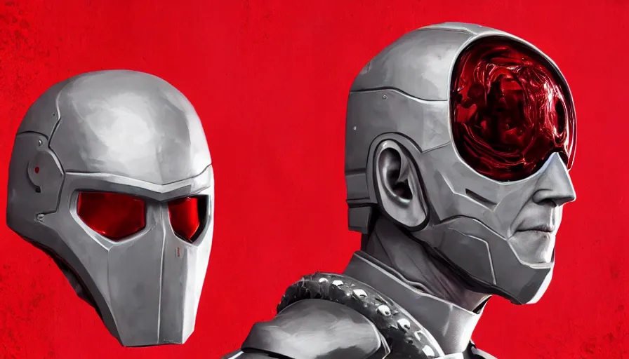 Image similar to unmasked joe biden in white metal armor with red lights in it, white background, hyperdetailed, artstation, cgsociety, 8 k