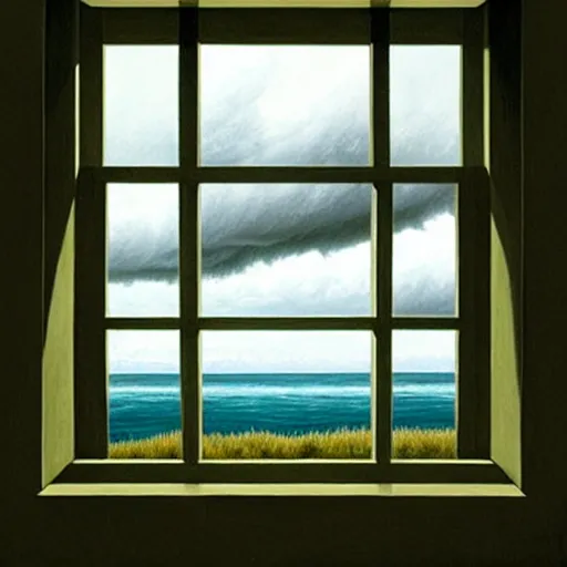 Prompt: a girl pensively looking out the window where a stormy clouds above a tumultuous sea, painting by jeffrey smith