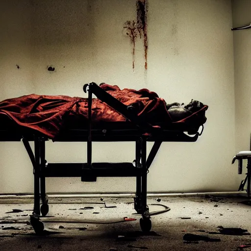 Prompt: photo of a demon strapped to a rusty old hospital bed in an abandoned hospital, real life photography, horror, biological photo, fullbody, dynamic lighting, beautiful, scary