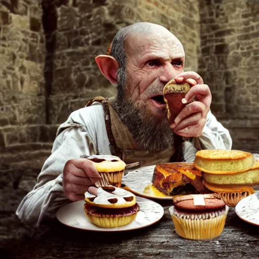 Image similar to closeup portrait of a medieval goblin eating cakes in the cloisters, depth of field, zeiss lens, detailed, symmetrical, centered, fashion photoshoot, by annie leibovitz and steve mccurry, david lazar, jimmy nelsson, breathtaking, 8 k resolution, extremely detailed, beautiful, establishing shot, artistic, hyperrealistic, beautiful face, octane render