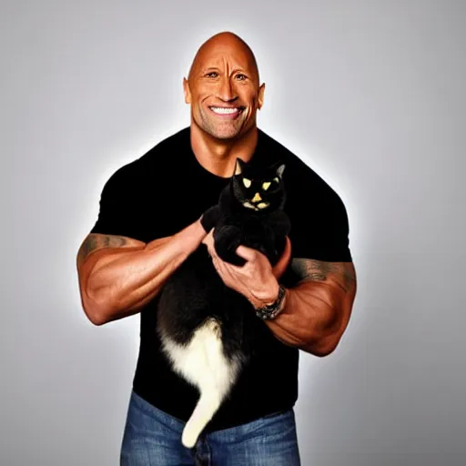 Image similar to dwayne johnson holding a black cat, studio lighting, promotional photograph