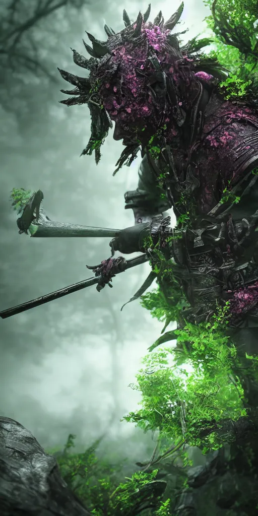 Prompt: a samurai standing in a highly detailed over dimensional green leaves that are not from this world decaying with black vaines, dark fantasy, photorealism, unreal engine, purple hue