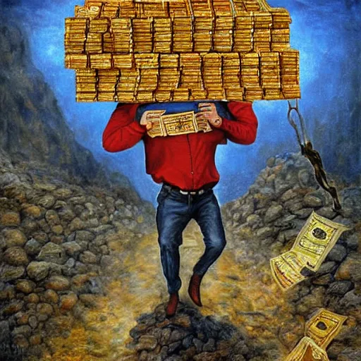 Image similar to Benjamin Netanyahu carrying sacks of money up a mountain in hell, by Michael Cheval