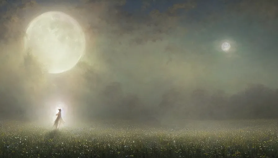 Prompt: dancers in white lit only by the moon, dancing across a flower meadow in the forbidden forest, the twilight dance of the fae by aleksi briclot, greg rutkowski and ivan aivazovsky, contemporary dancers dancing artistic photorealistic volumetric cinematic light, award - winning, atmospheric fantasy sky, oil painted surrealist abstract