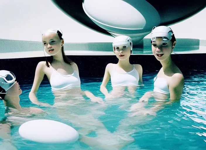 Prompt: realistic photo of a group of common girls in white tights, wearing white spherical helmets, in a big white plastic sci - fi egg - like pool with black water, in a center of the pool with black oil water, the sky is grey 2 0 0 0, life magazine photo,