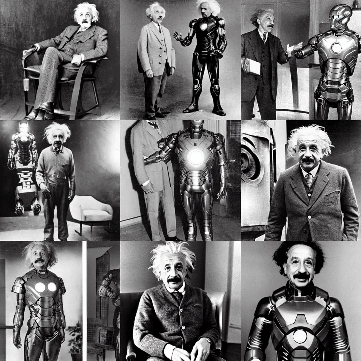 Prompt: albert einstein wearing iron man suit. old photo.