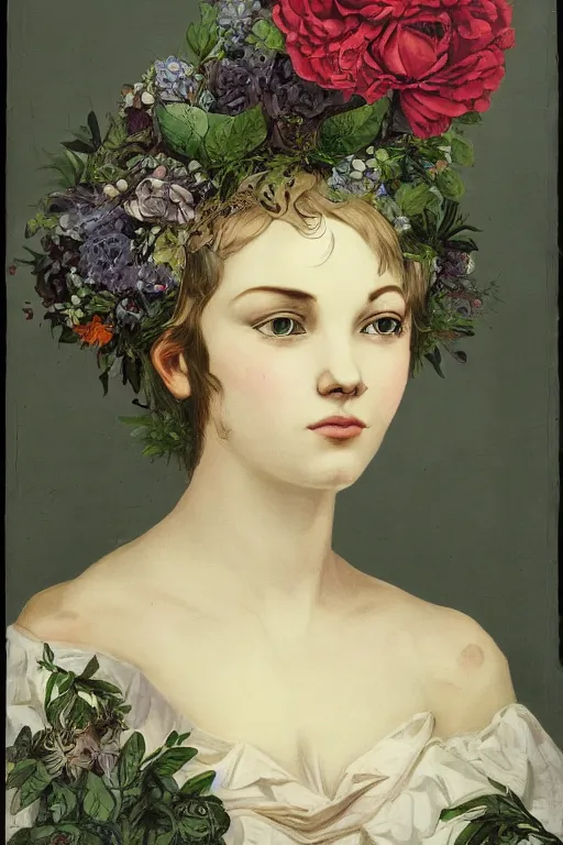 Image similar to close-up portrait of a beautiful young cyborg woman with a big flower crown, Honoré Beaumier lithography