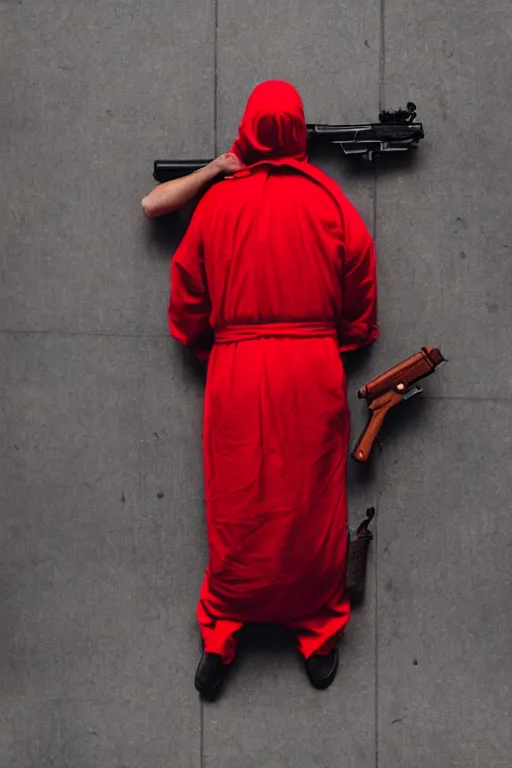 Prompt: man wearing a red sack over his head holding a gun, bloody, looking at the camera, photograph, amateur