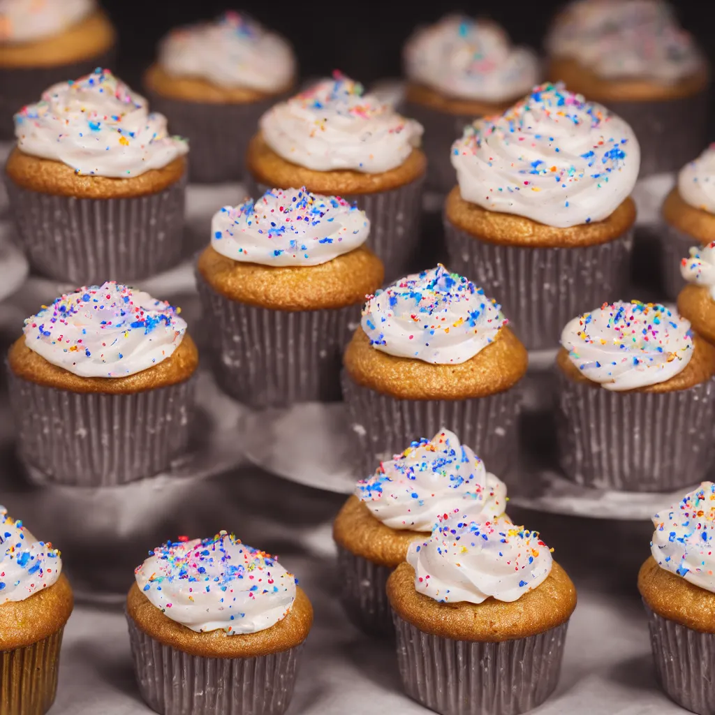 Prompt: macro photo of galaxy cupcakes with creme topping, photorealistic, dynamic lighting, bokeh, Canon 85mm vintage lens