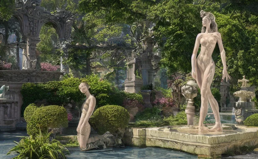 Image similar to The kneeling statue of a woman in a beautiful garden, next to a fountain and a mystical palace, hyperrealistic mixed media, stunning 3d render inspired art by P. Craig Russell and Barry Windsor-Smith + perfect facial symmetry + dim volumetric lighting, 8k octane beautifully detailed render, post-processing, extremely hyperdetailed, intricate futuristic mechanic parts, epic composition, grim yet sparkling atmosphere, cinematic lighting + masterpiece, trending on artstation