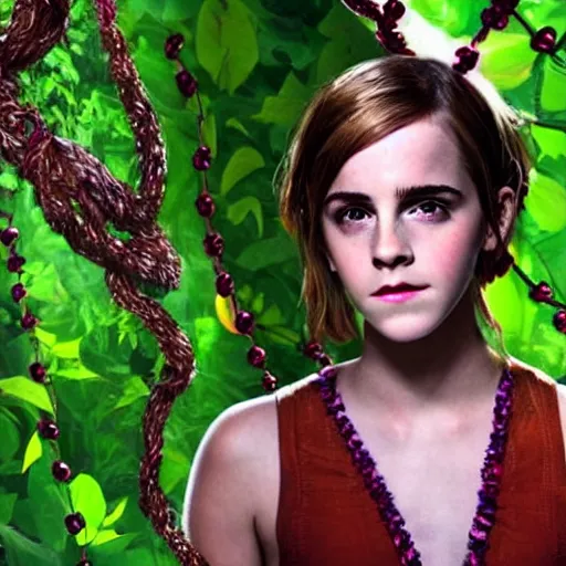 Image similar to enranged emma watson tangled and stuck in jungle vines