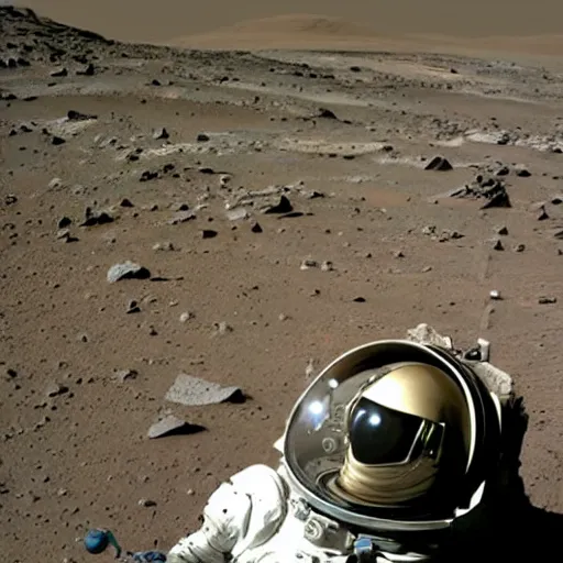 Prompt: award winning photo of carl sagan wearing space helmet riding on top of the mars rover