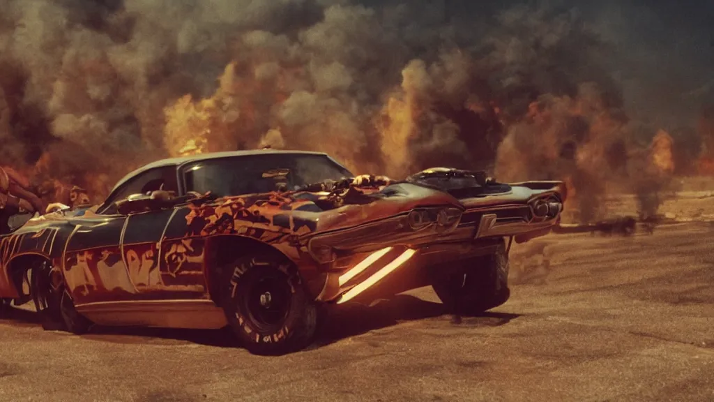 Image similar to film still from the movie death race three thousand, cult cinema, pulp cinema, vintage, nineteen seventies, saturated color, cinematic lighting, cinematic composition, ultra realistic, highly detailed, wide screen, panavision