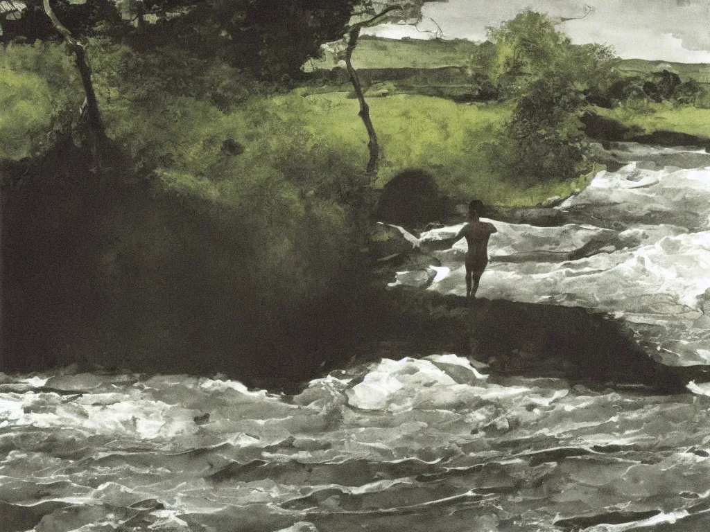 Prompt: Young man swimming in a turbulent river in the afternoon. Acacia trees in the wind, lightning strikes. Painting by Andrew Wyeth