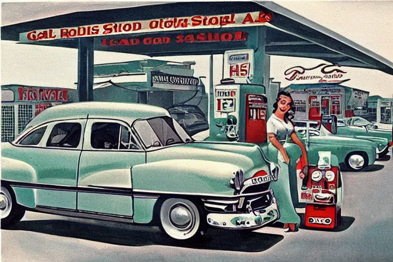 Prompt: beautiful illustration of 1 9 5 0 s gas station, hot rods parked outside, rockabilly girls