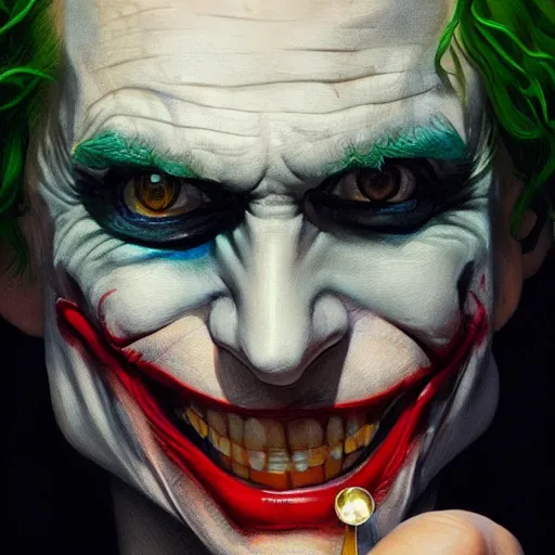 Image similar to ultra realistic illustration of the joker, intricate, elegant, highly detailed, digital painting, artstation, concept art, smooth, sharp focus, illustration, art by artgerm and greg rutkowski and alphonse mucha