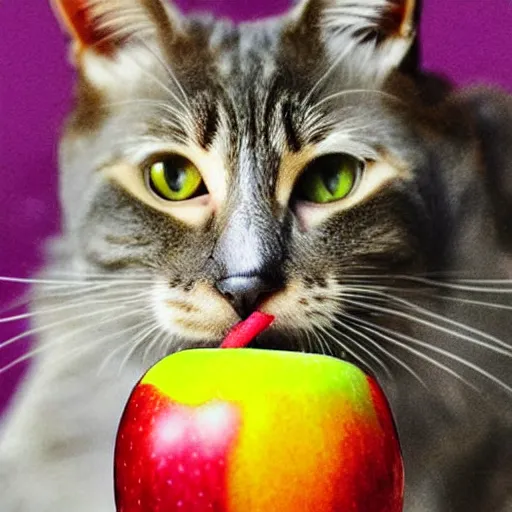 Image similar to a colourful cat eating apple, digital art