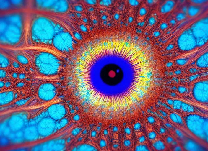 Image similar to macro photo of a eye with big blue and colorful fractal iris , detailed, photorealistic , macro photography