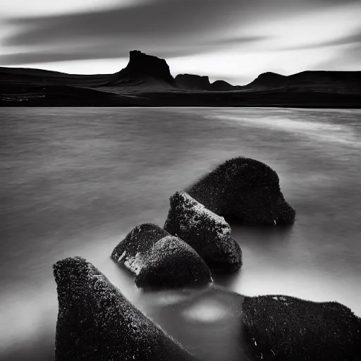 Image similar to minimalist black and white photograph of an icelandic valley, time exposure, of a river, sharp tall pillars, sharp rocks,