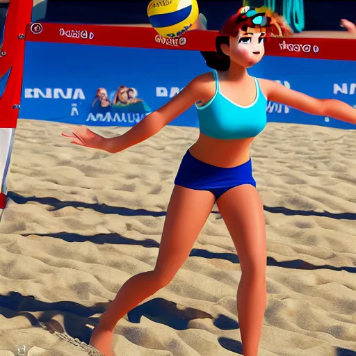 Image similar to anna from frozen playing beach volleyball, ultra realistic, 8 k, highly detailed