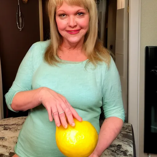 Image similar to Jill Tyrell from nighty night holding a lemon