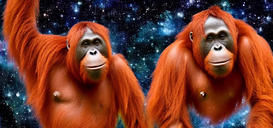 Prompt: Large diorama, celestial orangutan posing in the style of Beata Ludovica Albertoni, galaxy background