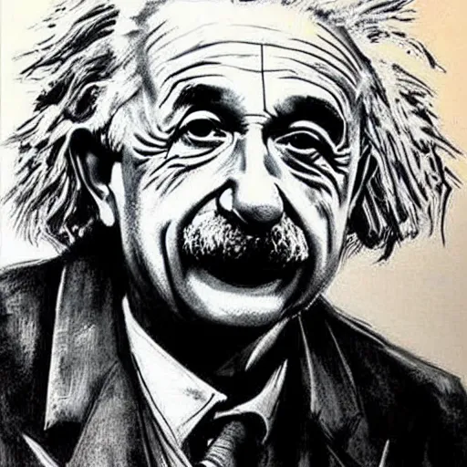 Prompt: Albert Einstein, drawn by Guy Denning