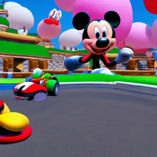 Prompt: mickey mouse in mario kart, unreal engine