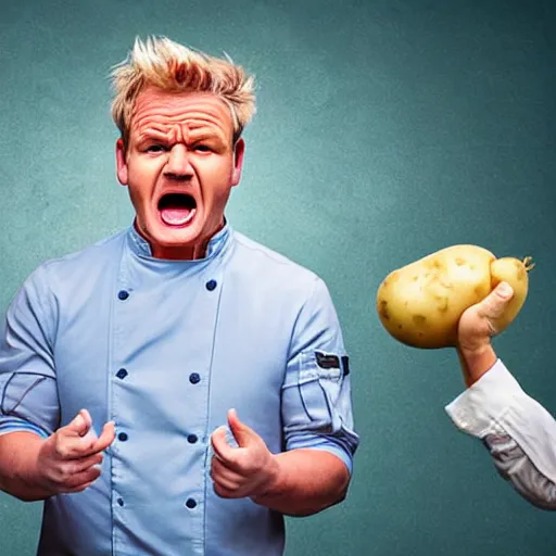 Prompt: Extremely angry Gordon Ramsey is yelling at a potato, studio photography