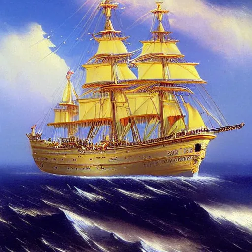 Image similar to Anime One Piece Ship, with golden Frame, made by Aivazovsky Ivan