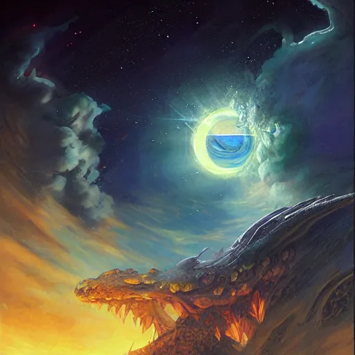 Image similar to Blue dragon devouring an earth like planet in space, sun system, nebula in the background, oil painting, by Fernanda Suarez and Edgar Maxence and Greg Rutkowski