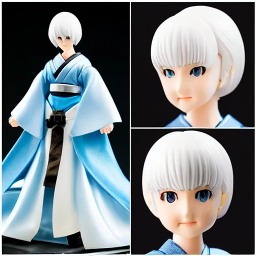 Image similar to a japanese princess young lady, with white hair and bangs!!!! beauty, anime action figure, well lit, studio light, painted action figure, toy advertisement