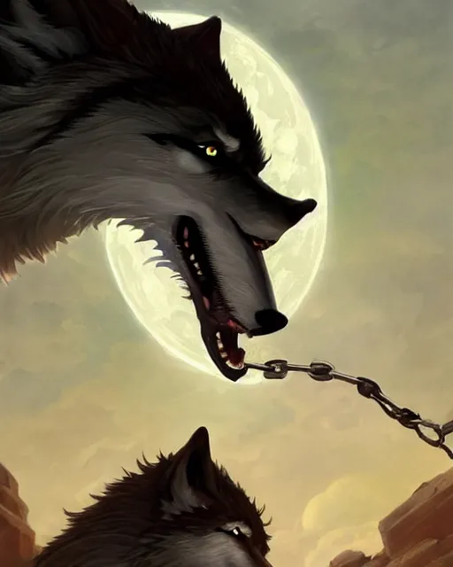 Image similar to '' Illustration a wolf (Fenrir) breaking its chains, (night), (moon in the background), league of legends, Fenrir, LOL, fantasy, d&d, digital painting, artstation, concept art, sharp focus, illustration, art by greg rutkowski and alphonse mucha ''