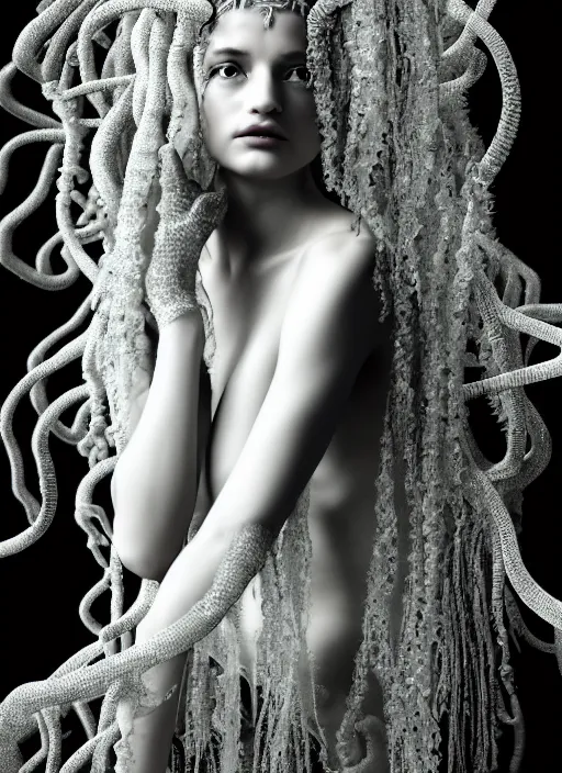 Image similar to surreal mythical dreamy dark artistic black and white fine art photo of a beautiful young female medusa - mermaid - cyborg covered with translucent algae, highly detailed, intricate crystal ivy jelly fish scales ornate, lace web, poetic, octane render, 8 k, photo - realistic, by horst p. horst