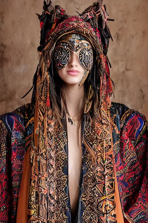 Image similar to ornate cyber tribal headpiece, ritual floral robes, esoteric fasion