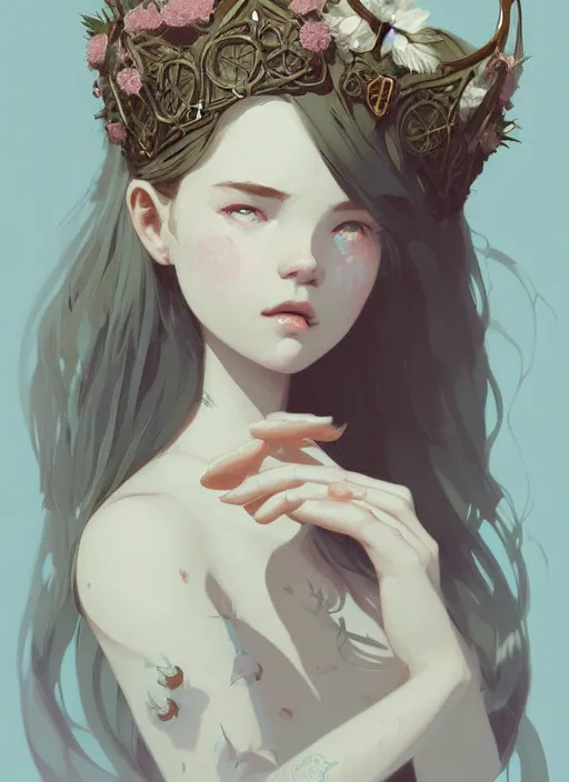 Image similar to portrait of cute nymph girl with crown of flowers with celtic tattoos, fantasy, by atey ghailan, by greg rutkowski, by greg tocchini, by james gilleard, by joe gb fenton, by in kaethe butcher, dynamic lighting, gradient light blue, brown, blonde cream and white color in scheme, grunge aesthetic