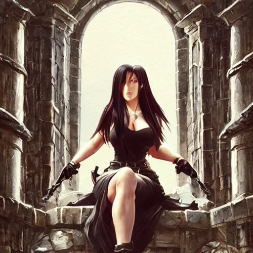 Image similar to a painting of tifa from final fantasy 7, in kings landing from game of thrones, sitting majestic on the iron throne, by greg rutkowski, artgerm, wlop, ruan jia, krenz cushart, alphonse mucha, marble, gold, unreal engine 5