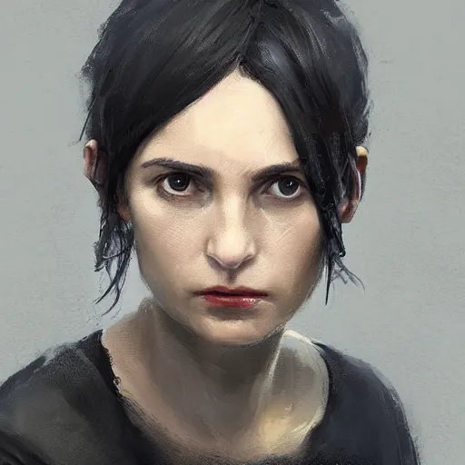 Prompt: Portrait of a woman by Greg Rutkowski, she is about 30 years old, pretty, messy black bob hair, pale round face, tired eyes, she is wearing a black utilitarian jumper jumpsuit, highly detailed portrait, digital painting, artstation, concept art, smooth, sharp foccus ilustration, Artstation HQ.