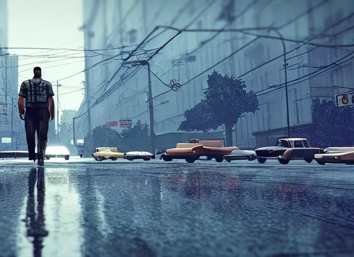 Prompt: still nextgen ps 5 game grand theft auto 1 9 6 0, rain, golden hour, people, rtx reflections, gta vi, moscow, soviet apartment buildings, suburbsб photorealistic screenshot, unreal engine, 4 k, 5 0 mm bokeh, close - up old soviet lada 2 1 0 7, remastered, artstation, cozy