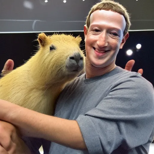 Image similar to Mark Zuckerberg holding a live capybara