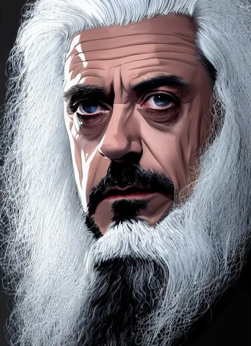 Prompt: robert downey jr. as evil saurman the white, long white hair and beard, by alan lee, lord of the rings, smooth, oil painting, matte painting, concept art, trending on artstation, promotional artwork, film still, elegant, photorealistic facial features, intricate, detailed face, cinematic lighting