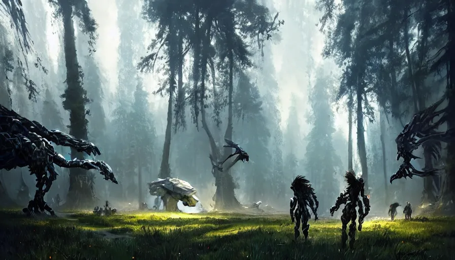 Prompt: walking mech covered in chrome armor, large shapes, horizon zero dawn aesthetic, covered in moss and birds, many large glowing lights, beautiful forests and trees, utopian landscape, bright sunlight, cinematic, concept art, art by WLOP and artgerm and greg rutkowski, trending on artstation, masterpiece.