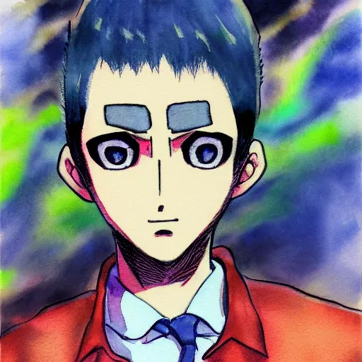 Prompt: A watercolor portrait of a character from Mob Psycho 100, 4k, in the style of Berserk, trending on artstation, tasteful, bokeh, hyperrealistic, highly detailed, good proportions