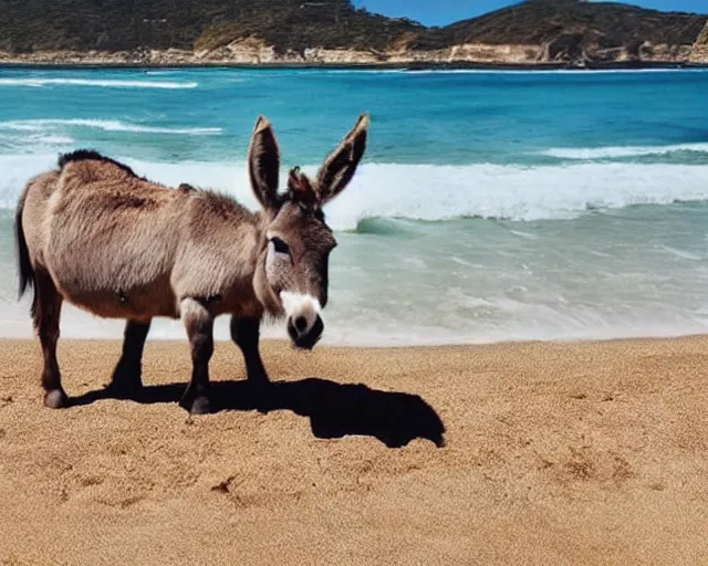 Prompt: realistic photo of a donkey wearing a suit sunbathing on a sunbed at the beach