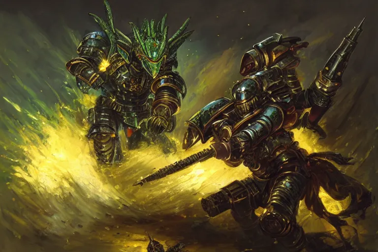 Prompt: Masterpiece painting featuring a knight in golden armor wielding shooting a green dragon breathing plasma with a minigun, inspired by Warhammer 40k, ultra-detailed digital art, highly detailed, digital painting, artstation, concept art, smooth, set in a fantasy world, sharp focus, illustration, art, masterpiece by greg rutkowski, by Bayard Wu, by Johan Grenier