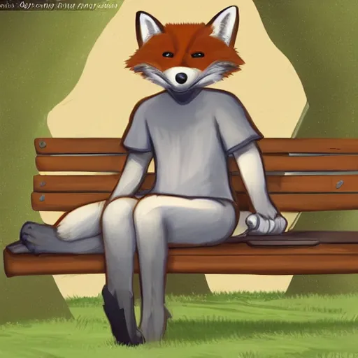Prompt: a manly anthropomorphic fox wearing a t-shirt, sitting on a bench in a park, art nouveau, furry art, furaffinity, 4k