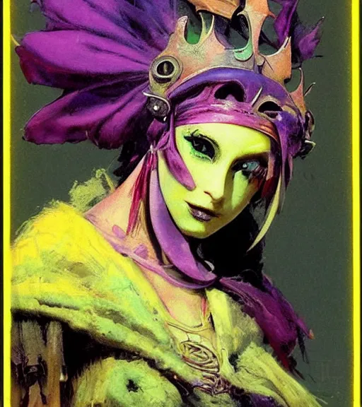 Image similar to princess of the wasteland, scrap metal headdress, strong line, vivid neon color, yellow purple, beautiful! coherent! by brian froud, by frank frazetta, low angle