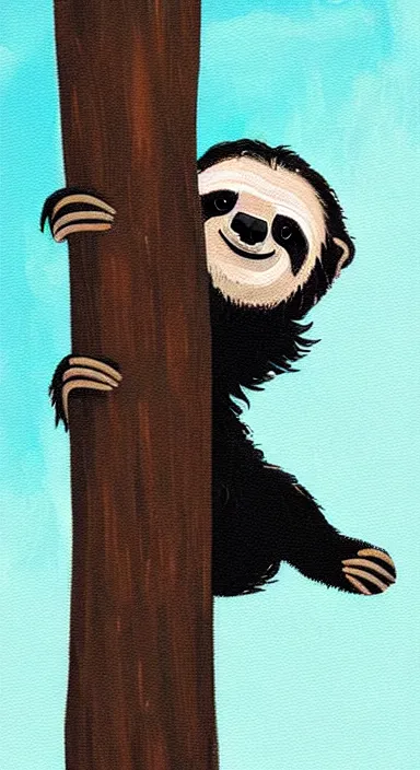 Image similar to very dark background, a cute sloth hanging on a tree, made of bright colored thick flowing dramatic brush strokes, matte colors, impressionist, trending on artstation