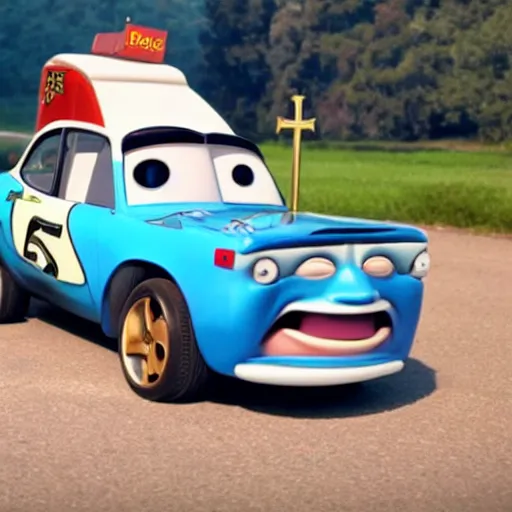 Image similar to car jesus christ on the cross crucifixion as a car, as a car from the movie pixar's cars 2,